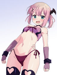 Rule 34 | 1girl, absurdres, bare shoulders, blue background, blush, breasts, chiyoda momo, commentary request, elbow gloves, fingerless gloves, gloves, gradient background, green eyes, hair ornament, highres, looking at viewer, machikado mazoku, mukaibi aoi, navel, open mouth, panties, purple gloves, red panties, scar, side-tie panties, small breasts, solo, stomach, thighs, underwear, white background, x hair ornament