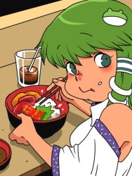 Rule 34 | 1girl, bowl, chewing, cup, detached sleeves, drink, drinking glass, eating, food, food on face, frog, green eyes, green hair, hair ornament, kochiya sanae, long hair, matching hair/eyes, onikobe rin, rice, rice on face, solo, touhou