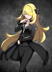 Rule 34 | 1girl, black background, black coat, black pants, black shirt, blonde hair, closed mouth, coat, creatures (company), cynthia (pokemon), floating hair, fur-trimmed sleeves, fur trim, game freak, hair ornament, hair over one eye, highres, holding, holding poke ball, long hair, long sleeves, looking at viewer, nintendo, pants, poke ball, pokemon, pokemon dppt, shirt, smile, smug, solo, standing, very long hair, yellow eyes, yuihico