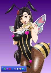 Rule 34 | 1girl, arthropod girl, bee girl, black hair, breasts, brown eyes, ear piercing, earrings, female focus, final fantasy, final fantasy vii, final fantasy vii remake, flower, headband, highres, hoop earrings, insect girl, jewelry, looking to the side, nail polish, nipples, open mouth, pantyhose, pasties, piercing, shiny clothes, shoulder tattoo, simple background, straw (yokubou hiroba), tattoo, text focus, tifa lockhart, tongue, tongue out, tongue piercing, translation request