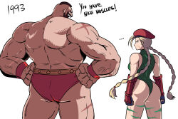 Rule 34 | 1boy, 1girl, ass, beret, blonde hair, braid, braided ponytail, cammy white, english text, facing away, gauntlets, green leotard, hands on own hips, hat, highres, leotard, muscular, muscular male, simple background, street fighter, street fighter ii (series), tina fate, twintails, white background, zangief