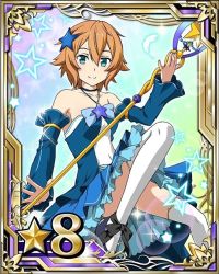 Rule 34 | 10s, 1girl, ankle ribbon, black ribbon, blue eyes, brown hair, card (medium), collarbone, covered navel, detached sleeves, dress, feathers, hair between eyes, hair ornament, holding, holding staff, jewelry, leg ribbon, long hair, necklace, philia (sao), ribbon, short hair, smile, solo, staff, star (symbol), star hair ornament, star necklace, strapless, strapless dress, sword art online, thighhighs, white feathers, white thighhighs