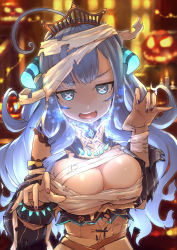 Rule 34 | 1girl, ahoge, bandaged head, bandages, blue background, blue eyes, blue hair, breasts, cleavage, detached sleeves, glowing, halloween, highres, jack-o&#039;-lantern, long hair, looking at viewer, mitsuru (pixiv 34028718), mummy costume, nail polish, open mouth, prism project, rikudou yura, solo, tiara, virtual youtuber