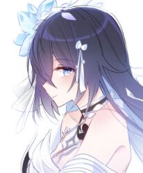 Rule 34 | 1girl, 6 (yuchae), bare shoulders, blue hair, chest tattoo, choker, closed mouth, colored inner hair, flower, honkai (series), honkai impact 3rd, korean commentary, looking at viewer, multicolored hair, seele vollerei, seele vollerei (herrscher of rebirth), simple background, smile, solo, tattoo, upper body, white background, white flower