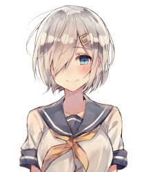 Rule 34 | 10s, 1girl, blue eyes, blush, breasts, commentary, hair ornament, hair over one eye, hairclip, hamakaze (kancolle), kantai collection, kvlen, large breasts, looking at viewer, neckerchief, school uniform, serafuku, short hair, silver hair, smile, solo, upper body, yellow neckerchief