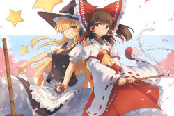 Rule 34 | 2girls, apron, back bow, black headwear, black skirt, blonde hair, bow, braid, brown hair, detached sleeves, fen zuo, floating hair, frilled bow, frilled skirt, frills, grin, hair bow, hair tubes, hakurei reimu, hat, holding, kirisame marisa, layered skirt, long hair, long skirt, long sleeves, looking at viewer, multiple girls, one eye closed, red bow, red eyes, red shirt, red skirt, ribbon-trimmed sleeves, ribbon trim, shirt, short sleeves, single braid, skirt, sleeveless, sleeveless shirt, smile, standing, touhou, very long hair, waist apron, white apron, white bow, white sleeves, wide sleeves, witch hat
