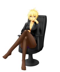 Rule 34 | 1girl, absurdres, alternate costume, alternate hair color, bespectacled, blonde hair, breasts, chair, cleavage, crossed legs, female focus, formal, full body, glasses, hand on own cheek, hand on own face, highres, large breasts, league of legends, looking at viewer, no bra, no shirt, office chair, open mouth, panties, panties over pantyhose, pantyhose, pantyshot, pencil skirt, purple panties, red eyes, riven (league of legends), ryu seung, semi-rimless eyewear, short hair, sitting, skirt, skirt suit, solo, suit, swivel chair, transparent background, under-rim eyewear, underwear
