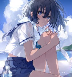 Rule 34 | 1girl, bandaid, bandaid on knee, bandaid on leg, bare arms, bare legs, black hair, blue eyes, blue sailor collar, blue skirt, blurry, blurry background, bottle, cloud, collared shirt, crying, crying with eyes open, day, hair between eyes, highres, long hair, miniskirt, original, outdoors, parted lips, sailor collar, sailor shirt, shirt, short sleeves, sitting, skirt, solo, tears, towel, towel around neck, u35, water bottle, white shirt