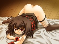 Rule 34 | 1girl, :o, alcot, all fours, aona masao, ass, bed, bent over, black hair, black thighhighs, blush, brown eyes, clothes lift, cross, cross earrings, dress, dress lift, earrings, embarrassed, fishnet thighhighs, fishnets, frilled thighhighs, frills, full body, game cg, glasses, gothic lolita, holding own arm, indoors, jewelry, legs apart, lolita fashion, looking at viewer, natsuki (triptych), no panties, on bed, open mouth, over-kneehighs, plaid, presenting, pussy juice, raised eyebrows, red eyes, ribbon, rimless eyewear, short hair, single earring, solo, source request, spread legs, thighhighs, top-down bottom-up, triptych, vest, wooden floor, wrist cuffs