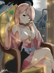 Rule 34 | 1girl, absurdres, artist name, black choker, blush, bra, breasts, cat, chinese commentary, choker, cityscape, cloud, cloudy sky, collarbone, commentary request, crossed legs, cup, door, dress, drinking glass, drinking straw, floral print, food, fruit, full moon, hand on own face, head tilt, highres, holding, holding cup, invisible chair, japanese clothes, kimono, light blush, light frown, light particles, lime (fruit), lime slice, long hair, looking at viewer, medium breasts, moon, night, night sky, obi, off shoulder, open clothes, open kimono, original, parted lips, pink bra, pink eyes, pink hair, pink kimono, print kimono, qianxiaolin, sash, short dress, short kimono, signature, sitting, sky, solo, sparkle, star (sky), starry sky, string bra, tassel, underwear, wide sleeves, wine glass, wooden chair