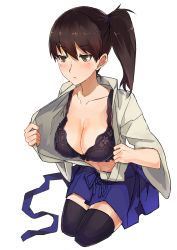 Rule 34 | 10s, 1girl, black thighhighs, bra, breasts, brown eyes, brown hair, cleavage, collarbone, highres, japanese clothes, kaga (kancolle), kantai collection, kusanagi kaoru, large breasts, partially undressed, personification, pleated skirt, side ponytail, skirt, solo, thighhighs, transparent background, underwear, zettai ryouiki