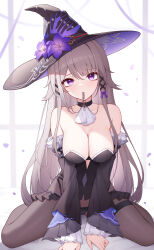 1girl absurdres bare_shoulders black_choker black_panties blush breasts choker cleavage closed_mouth collarbone grey_hair hat herta_(honkai:_star_rail) highres honkai:_star_rail honkai_(series) large_breasts large_hat long_hair looking_at_viewer mouth_hold origami_(poinia) panties purple_eyes sitting solo the_herta_(honkai:_star_rail) thighs underwear wariza witch_hat