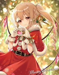 Rule 34 | 1girl, absurdres, bell, belt, black belt, blonde hair, blurry, blurry background, bow, braid, capelet, christmas, christmas lights, christmas tree, closed mouth, commentary, crystal, depth of field, dress, drill hair, earrings, english text, flandre scarlet, formal, fur-trimmed capelet, fur-trimmed dress, fur trim, gloves, green bow, hair bell, hair ornament, haruki (colorful macaron), heart, heart hands, highres, jewelry, light particles, long hair, looking at viewer, merry christmas, pointy ears, red capelet, red dress, red eyes, santa dress, short dress, side drill, side ponytail, smile, snowflake print, solo, sparkle, standing, star (symbol), star earrings, touhou, white gloves, wings