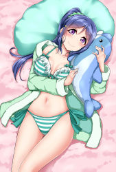 Rule 34 | 1girl, bathrobe, bed sheet, bikini, blush, breasts, cleavage, collarbone, cowboy shot, frilled bikini, frills, from above, gluteal fold, green ribbon, hair between eyes, hair ornament, hairclip, head tilt, highres, hugging object, long sleeves, looking at viewer, looking up, love live!, love live! school idol festival, love live! sunshine!!, lying, matsuura kanan, medium breasts, off shoulder, on back, open clothes, parted bangs, pillow, ponytail, ribbon, side-tie bikini bottom, single bare shoulder, solo, striped bikini, striped clothes, stuffed animal, stuffed dolphin, stuffed toy, swimsuit, tareme, thigh gap, thighs, yopparai oni