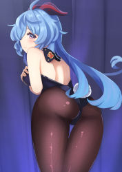 Rule 34 | absurdres, ahoge, back, backless outfit, black leotard, black pantyhose, blue hair, blush, bow, bowtie, breasts, from behind, ganyu (genshin impact), genshin impact, highres, horns, leaning, leotard, long hair, looking at viewer, low ponytail, mxsoundtube, pantyhose, purple eyes, rabbit tail, smile, solo, standing, tail