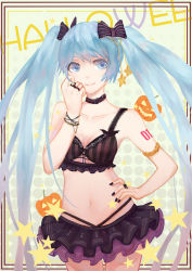 Rule 34 | 1girl, armlet, bad id, bad pixiv id, blue eyes, blue hair, bracelet, breasts, choker, elk (felix1412), halloween, hand on own hip, hatsune miku, highres, jewelry, long hair, matching hair/eyes, nail polish, navel, ring, skirt, small breasts, smile, solo, twintails, very long hair, vocaloid