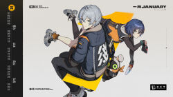 Rule 34 | 1boy, 1girl, belle (zenless zone zero), black pants, blue hair, blue jacket, calendar (medium), carrying, carrying over shoulder, carrying person, commentary request, copyright name, green eyes, grey background, grey hair, hair between eyes, highres, holding, jacket, long sleeves, official art, over shoulder, pants, shoes, short hair, smile, sneakers, wise (zenless zone zero), zenless zone zero
