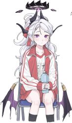 Rule 34 | 1girl, alternate costume, black socks, blue archive, blush, bottle, buruma, chair, collarbone, demon horns, demon wings, feet out of frame, folding chair, gym shirt, gym uniform, hair ribbon, halo, highres, hina (blue archive), holding, holding bottle, horns, jacket, kneehighs, long hair, long sleeves, low wings, multiple horns, name tag, on chair, open clothes, open jacket, parted bangs, purple eyes, red buruma, red ribbon, ribbon, shirt, simple background, sitting, sleeves past wrists, socks, solo, tamayume, track jacket, water bottle, white background, white hair, wings