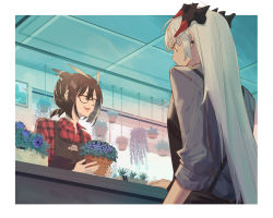Rule 34 | 2girls, apron, arknights, bad id, bad pixiv id, black apron, brown apron, brown hair, closed eyes, closed mouth, collared shirt, commentary, dragon horns, earclip, feather hair, flower, flower shop, glasses, grey shirt, highres, horns, indoors, long hair, multiple girls, open mouth, orange eyes, owl ears, plaid, plaid shirt, plant, potted plant, purple flower, saria (arknights), shirt, shop, short hair, silence (arknights), sleeves rolled up, smile, symbol-only commentary, teeth, upper body, upper teeth only, white hair, zy (zyyyyyyy9)