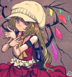 Rule 34 | 1girl, ascot, bag, black bag, blonde hair, bow, bright pupils, commentary, cowboy shot, crossed arms, crystal, fingernails, flandre scarlet, flat cap, grin, handbag, hands up, hat, long hair, looking at viewer, maaru (akira428), nail polish, red bow, red eyes, red nails, red skirt, red vest, side ponytail, signature, skirt, skirt set, smile, solo, teeth, touhou, v, very long hair, vest, white hat, white pupils, wings, yellow ascot