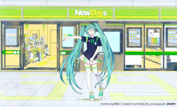 Rule 34 | 1girl, aqua eyes, aqua hair, closed eyes, crypton future media, hatsune miku, kamogawa (kamogawa sodachi), long hair, official art, open mouth, outstretched arm, pleated skirt, poster (object), shirt, shoes, skirt, sliding doors, smile, sneakers, solo, thighhighs, twintails, very long hair, vocaloid, white thighhighs, wide shot