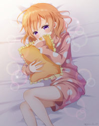 Rule 34 | 1girl, bed sheet, blush, brown hair, commentary request, gochuumon wa usagi desu ka?, holding, holding pillow, hoto cocoa, long sleeves, looking at viewer, lying, mozukun43, on side, pajamas, pillow, pink pajamas, pink shorts, polka dot, polka dot pajamas, purple eyes, short hair, shorts, solo, twitter username