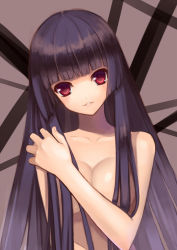 Rule 34 | 1girl, black hair, blunt bangs, breasts, cleavage, collarbone, female focus, hand on own shoulder, head tilt, hime cut, long hair, looking at viewer, nana mikoto, nude, original, parted lips, red eyes, solo, topless frame, upper body