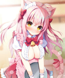 Rule 34 | 1girl, ahoge, animal ear fluff, animal ears, apron, bell, blurry, blurry background, blush, bow, breasts, cat ears, cat girl, cat tail, center frills, cleavage, closed mouth, collared shirt, commentary request, depth of field, dress shirt, frilled apron, frilled skirt, frills, hair between eyes, hair bow, holding, holding tray, long hair, looking at viewer, maid headdress, mauve, medium breasts, open clothes, open shirt, original, pink hair, puffy short sleeves, puffy sleeves, red bow, red skirt, shirt, short sleeves, skirt, smile, solo, tail, tail bow, tail ornament, tail raised, tray, two side up, very long hair, white apron, white shirt, yellow eyes
