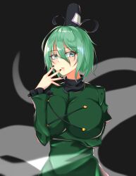Rule 34 | 1girl, absurdres, arm under breasts, black background, black hat, black nails, breasts, commentary, dress, ghost tail, green dress, green eyes, green hair, hair between eyes, hat, highres, huge breasts, juliet sleeves, leo23, long sleeves, ofuda, ofuda on clothes, puffy sleeves, simple background, soga no tojiko, solo, tate eboshi, touhou, upper body