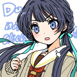 Rule 34 | 1girl, blue eyes, blue hair, blue ribbon, brown cardigan, brown dress, cardigan, clenched hand, commentary request, cursor, dark blue hair, dress, english text, hair ribbon, hasu no sora school uniform, light blush, link! like! love live!, long hair, long sleeves, looking at viewer, love live!, low twintails, mole, mole on neck, murano sayaka, neckerchief, open cardigan, open clothes, open mouth, pointing, red neckerchief, ribbon, sailor collar, sailor dress, school uniform, shinanoya (satanicad), solo, text background, twintails, v-shaped eyebrows, virtual youtuber, white background, white sailor collar, winter uniform