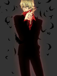 Rule 34 | 10s, 1boy, bad id, bad pixiv id, barnaby brooks jr., blonde hair, dark persona, feathers, formal, glasses, green eyes, highres, male focus, multicolored eyes, ourobunny, red eyes, solo, suit, tattoo, tiger &amp; bunny, yachou