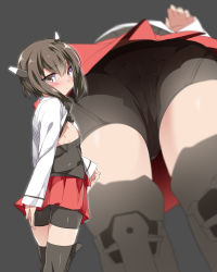 Rule 34 | 10s, 1girl, bike shorts, black thighhighs, blush, brown eyes, brown hair, cameltoe, commentary request, flat chest, from below, grey background, hair between eyes, headgear, highres, kantai collection, long sleeves, mtu (orewamuzituda), multiple views, pleated skirt, red skirt, shirt, short hair, simple background, skirt, taihou (kancolle), thighhighs, upskirt, white shirt
