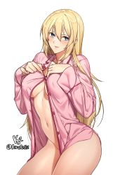 Rule 34 | 1girl, absurdres, angelina kudou shields, artist name, blonde hair, blue eyes, blush, bottomless, breasts, commission, contrapposto, covered erect nipples, cowboy shot, hair between eyes, highres, k52, large breasts, long hair, long sleeves, mahouka koukou no rettousei, navel, no bra, pajamas, parted lips, partially unbuttoned, second-party source, sidelocks, simple background, smile, solo, sweat, twitter username, undressing, white background