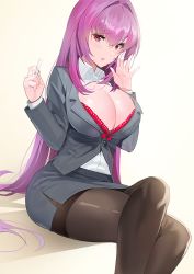 Rule 34 | 1girl, alternate costume, artist name, bra, breasts, chalk, cleavage, crossed legs, damda, dress shirt, fate/grand order, fate (series), formal, gradient background, hair intakes, large breasts, long hair, long sleeves, looking at viewer, open clothes, open mouth, open shirt, pantyhose, pencil skirt, purple hair, red eyes, scathach (fate), shirt, sitting, skirt, skirt suit, suit, teacher, thighband pantyhose, underwear