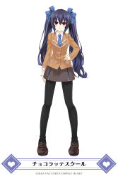 Rule 34 | 1girl, black hair, black pantyhose, blue necktie, brown skirt, collared shirt, company name, full body, hair between eyes, hair ribbon, hand on own hip, highres, jacket, long hair, looking at viewer, miniskirt, necktie, neptune (series), noire (neptunia), official art, pantyhose, pocket, red eyes, ribbon, school uniform, shirt, shoes, simple background, skirt, smile, solo, standing, twintails, very long hair, wavy hair, white background, white shirt