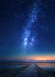 Rule 34 | cloud, commentary request, evening, galaxy, grass, highres, landscape, milky way, mks, mountain, mountainous horizon, no humans, original, outdoors, rice paddy, road, scenery, sky, star (sky), starry sky, sunset, vanishing point