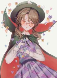 Rule 34 | 1girl, black cape, black hat, bow, brown hair, cape, collared shirt, commentary request, cowboy shot, d:, dress, flower, glasses, hat, hat bow, highres, holding, holding flower, hourai kiriri, long sleeves, looking at viewer, low twintails, medium hair, open mouth, orange eyes, parted bangs, plaid, plaid dress, purple dress, purple flower, red-framed eyewear, red cape, semi-rimless eyewear, shirt, solo, touhou, twintails, two-tone cape, under-rim eyewear, usami sumireko, white background, white shirt