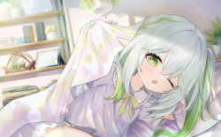Rule 34 | 1girl, bed, bed sheet, bedroom, bloomers, genshin impact, gradient hair, green eyes, green hair, indoors, long hair, lying, mogumogumo 0, multicolored hair, nahida (genshin impact), on side, one eye closed, open mouth, pillow, pink shirt, pointy ears, shelf, shirt, short sleeves, side ponytail, solo, two-tone hair, under covers, underwear, white bloomers, white hair