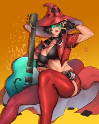 Rule 34 | 1girl, a.b.singh, ass, black hair, breasts, coat, fingerless gloves, glasses, gloves, gradient background, green glasses, guilty gear, guitar, hat, highres, i-no, instrument, jacket, large breasts, lips, mole, mole under mouth, navel, one eye covered, orange background, red thighhighs, short hair, sitting, sitting on air, thighhighs, vest, witch hat, yellow background