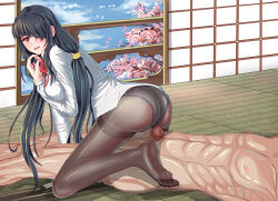 Rule 34 | 1boy, 1girl, abs, absurdres, aged up, ass, black hair, black pantyhose, blue sky, blush, breasts, censored, cherry blossoms, clothed female nude male, date a live, feet, grinding, grinding over clothes, highres, indoors, large breasts, long hair, looking back, nipples, mature female, mosaic censoring, muscular, muscular male, nude, one eye covered, panties, panties under pantyhose, pantyhose, red eyes, sky, soles, straddling, tokisaki kurumi, underwear, yinglun xiao diao si weibo