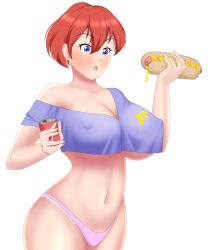 Rule 34 | 1girl, blue eyes, breasts, can, cleavage, covered erect nipples, crop top, drink can, dripping, hot dog, large breasts, mangakay84, panties, pink panties, red hair, self-upload, short hair, soda can, solo, thong, underboob, underwear, white background