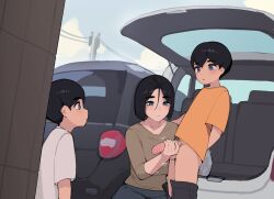 Rule 34 | 1girl, 2boys, age difference, bag, black hair, blue eyes, breasts, car, condom, grocery bag, handjob, incest, large breasts, mother (pepper0), motion lines, motor vehicle, multiple boys, onee-shota, outdoors, penis, pepper0, putting on condom, shadow, shopping bag, tagme, white shirt brother (pepper0), yellow shirt brother (pepper0)