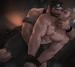 Rule 34 | 2boys, bara, bdsm, beard, blush, bound, bound arms, bulge, bulge to ass, check copyright, copyright request, couple, dark-skinned male, dark skin, dopey (dopq), facial hair, feet out of frame, goggles, goggles on head, highres, imminent kiss, imminent penetration, large pectorals, male focus, mature male, multiple boys, muscular, muscular male, mustache, original, pectorals, rope, short hair, smile, sweat, thick eyebrows, topless male, yaoi