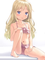 Rule 34 | 1girl, bikini, blonde hair, blue eyes, blush, collarbone, commentary request, flat chest, frilled bikini, frills, highres, long hair, looking at viewer, meow (nekodenki), navel, parted lips, pink bikini, simple background, sitting, solo, swimsuit, white background