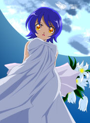 Rule 34 | 1girl, blue hair, bouquet, dress, dutch angle, flower, gradient background, looking at viewer, night, open mouth, original, outdoors, short hair, simple background, solo, tan (knock up), yellow eyes