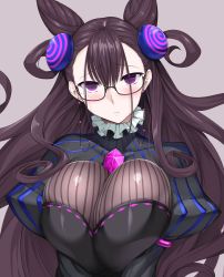 Rule 34 | 1girl, beads, beige background, black dress, blush, breasts, breasts squeezed together, brown hair, commentary request, cone hair bun, curly hair, double bun, dress, empty eyes, eyewear strap, fate/grand order, fate (series), frills, frown, gem, glasses, hair between eyes, hair bun, hair ornament, highres, large breasts, long hair, long sleeves, looking at viewer, murasaki shikibu (fate), nakano sora, puffy sleeves, purple eyes, solo, string, striped