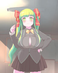 Rule 34 | 1girl, blush, breasts, female focus, green eyes, green hair, highres, huge breasts, hypnosis, long hair, mind control, original, pt, school uniform, smile, solo, tongue, tongue out, twintails