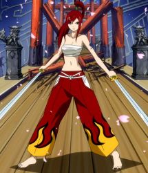 Rule 34 | 1girl, angry, bandages, bandages around chest, barefoot, breasts, cleavage, dual wielding, erza scarlet, fairy tail, feet, holding, jpeg artifacts, long hair, midriff, navel, pants, ponytail, red hair, sarashi, screencap, solo, standing, sword, tattoo, toes, weapon