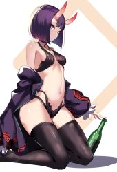 Rule 34 | 1girl, bare shoulders, black thighhighs, bob cut, bottle, breasts, collarbone, eyeliner, fate/grand order, fate (series), highres, horns, japanese clothes, kimono, long sleeves, looking at viewer, makeup, navel, off shoulder, oni, purple eyes, purple hair, purple kimono, revealing clothes, short hair, shuten douji (fate), skin-covered horns, small breasts, solo, spider apple, thighhighs, wide sleeves, wine bottle