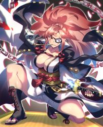 Rule 34 | 1girl, amputee, baiken, bandages, belt, black coat, black footwear, black kimono, breasts, brown belt, chain, cleavage, coat, coat on shoulders, collarbone, commentary, cross-laced footwear, eyepatch, facial mark, facial tattoo, full body, glint, grin, guilty gear, highres, japanese clothes, katana, kimono, large breasts, long hair, looking at viewer, matsumoto tomoyohi, mouth hold, obi, one eye covered, on one knee, open clothes, open coat, outline, parted bangs, pink hair, pipe in mouth, ponytail, red eyes, rope, samurai spirits, sandals, sash, scabbard, scar, scar across eye, scar on face, sheath, smile, smoking pipe, solo, squatting, sword, tassel, tatami, tattoo, thighs, toes, tsurime, two-tone kimono, unsheathing, v-shaped eyebrows, weapon, white kimono, wide sleeves
